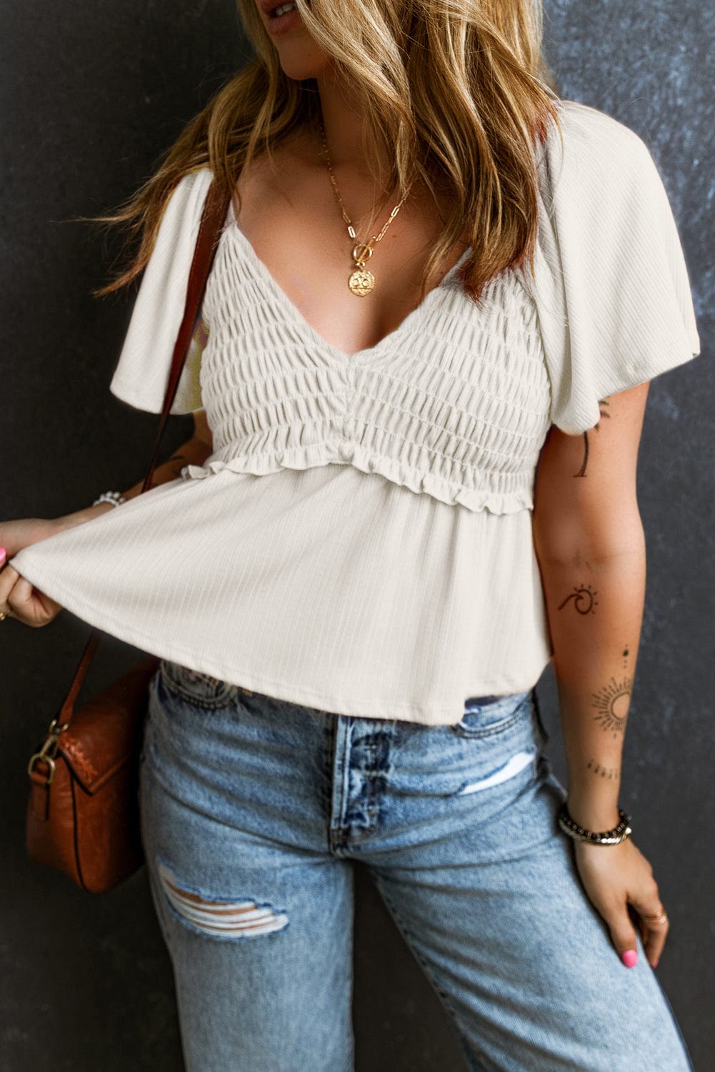 Flutter Sleeve Oatmeal Textured Blouse with Shirred V-Neck