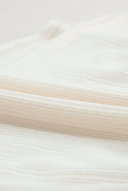 Flutter Sleeve Oatmeal Textured Blouse with Shirred V-Neck