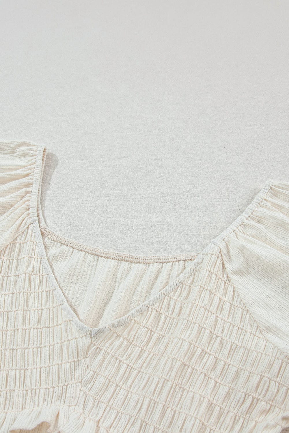 Flutter Sleeve Oatmeal Textured Blouse with Shirred V-Neck