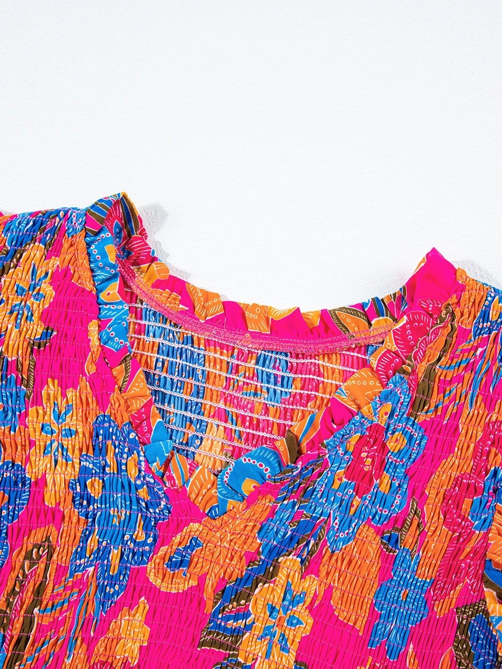 Flutter Sleeve Rose Red Floral Blouse with Smocked Ruffle Detail