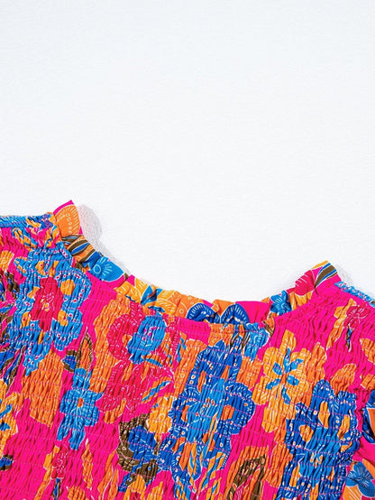 Flutter Sleeve Rose Red Floral Blouse with Smocked Ruffle Detail