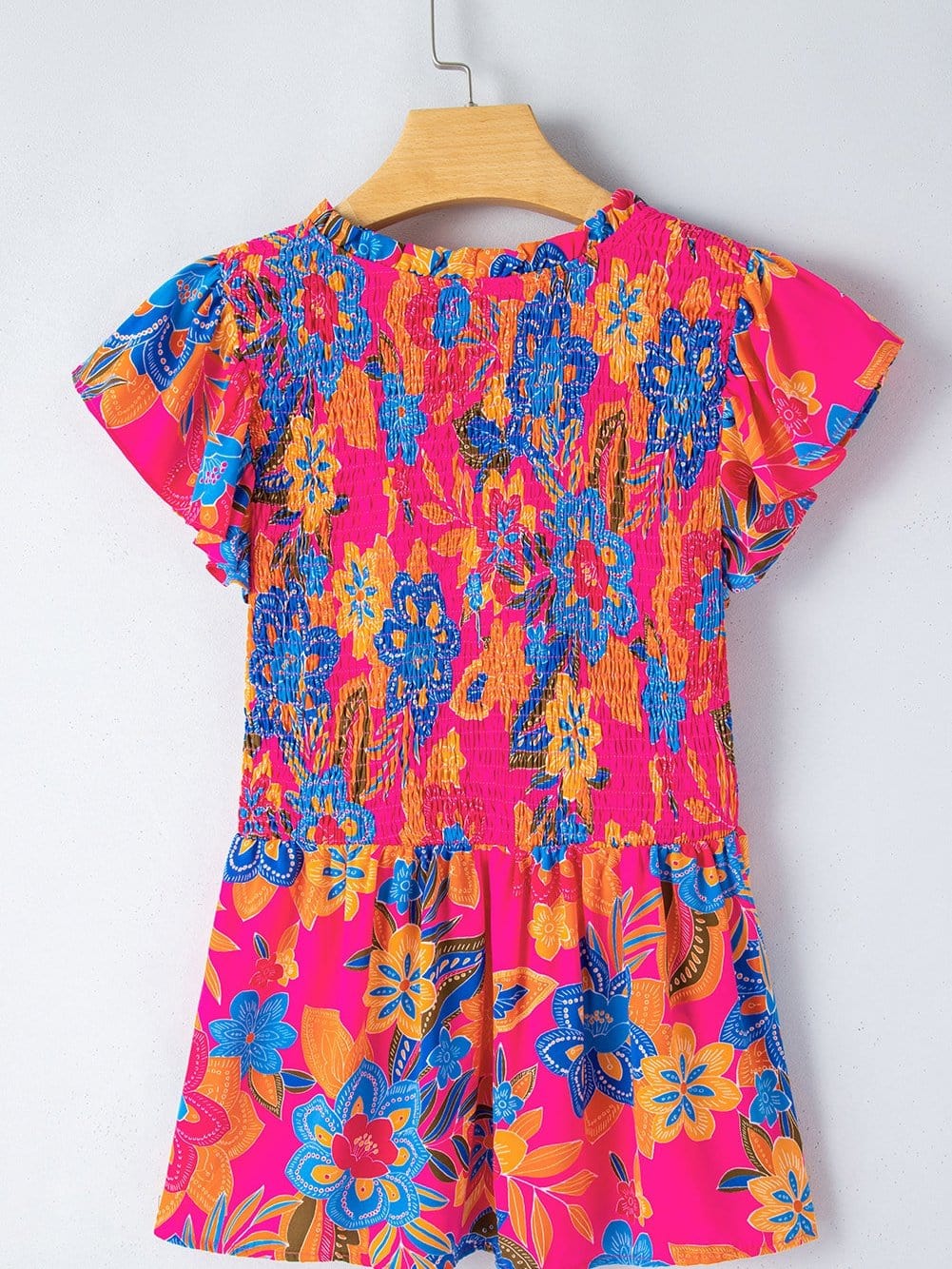 Flutter Sleeve Rose Red Floral Blouse with Smocked Ruffle Detail