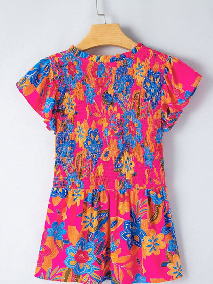 Flutter Sleeve Rose Red Floral Blouse with Smocked Ruffle Detail