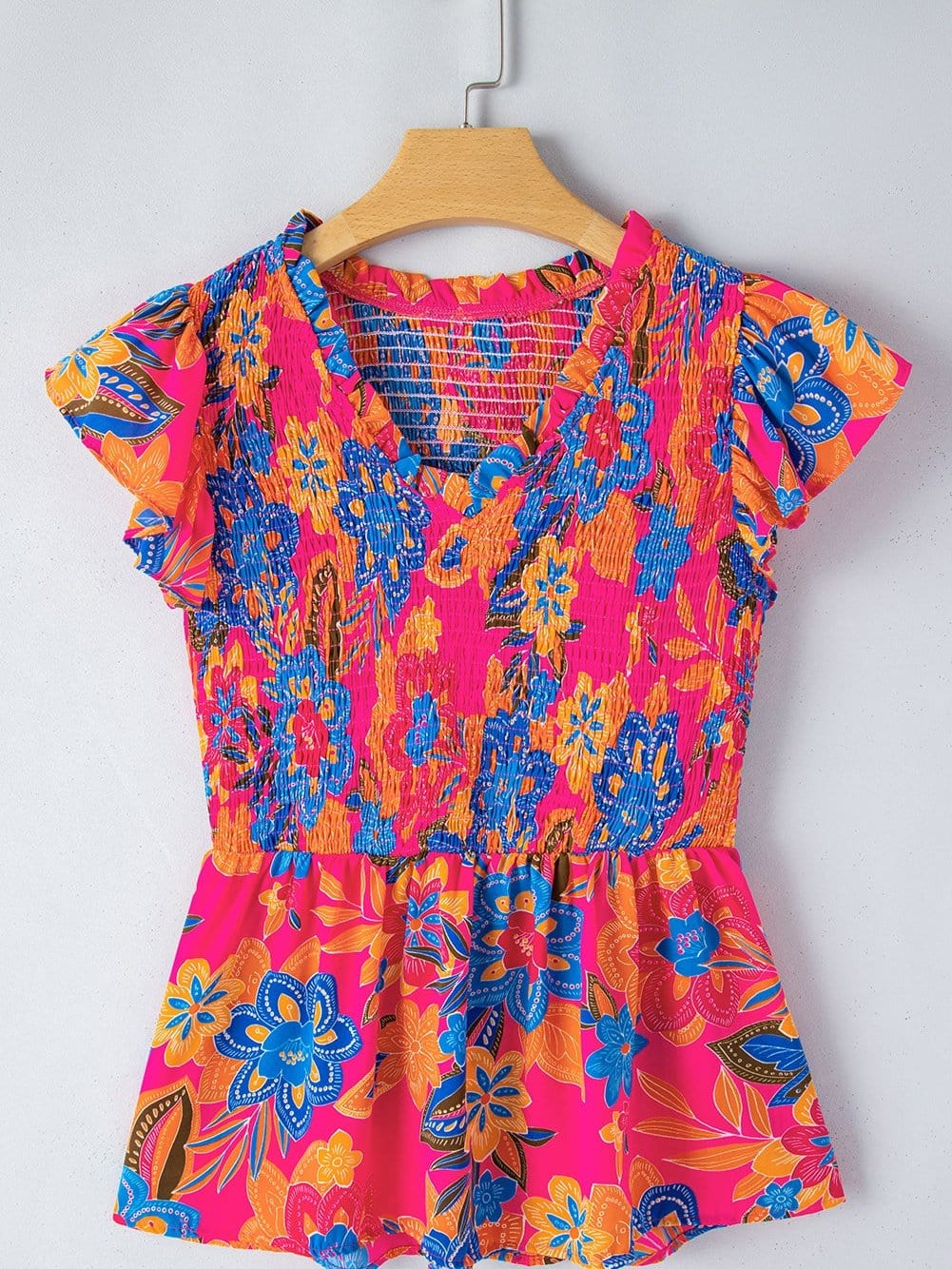 Flutter Sleeve Rose Red Floral Blouse with Smocked Ruffle Detail