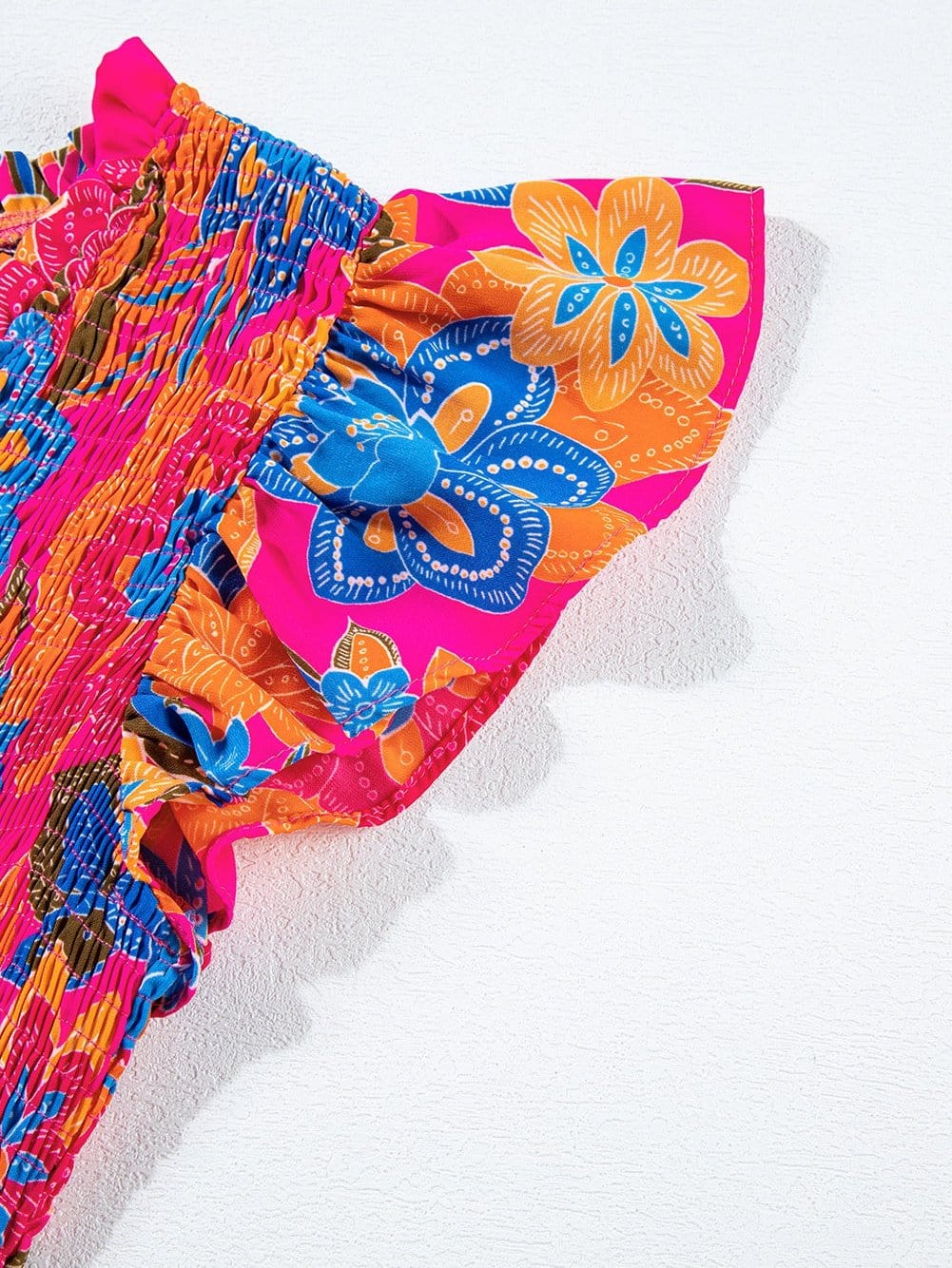 Flutter Sleeve Rose Red Floral Blouse with Smocked Ruffle Detail