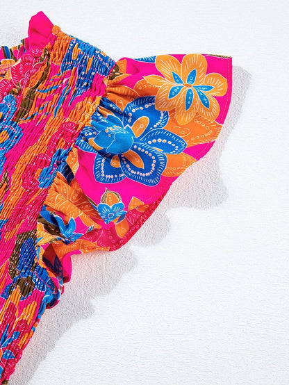 Flutter Sleeve Rose Red Floral Blouse with Smocked Ruffle Detail