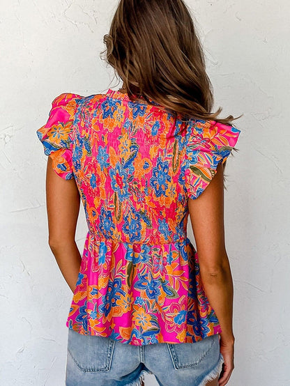 Flutter Sleeve Rose Red Floral Blouse with Smocked Ruffle Detail