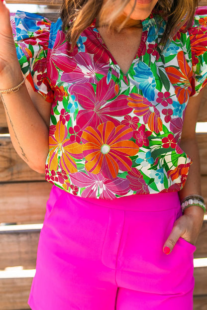 Fluttering Floral V-Neck Blouse with Multicolour Blooms