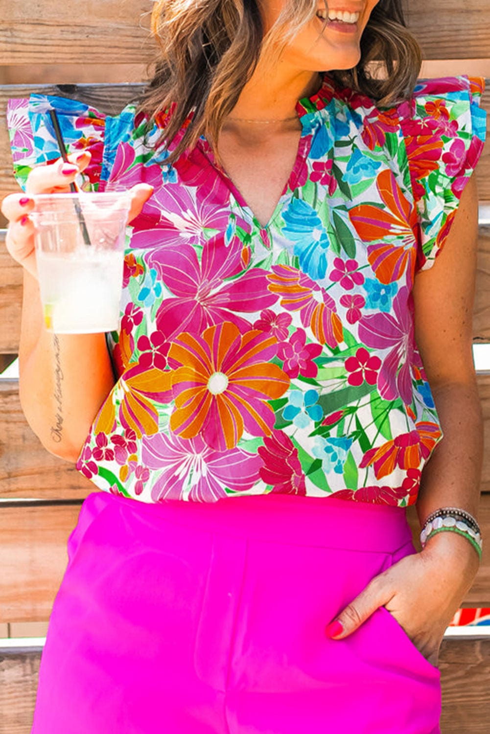 Fluttering Floral V-Neck Blouse with Multicolour Blooms