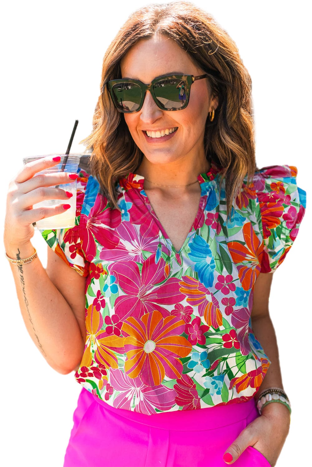 Fluttering Floral V-Neck Blouse with Multicolour Blooms