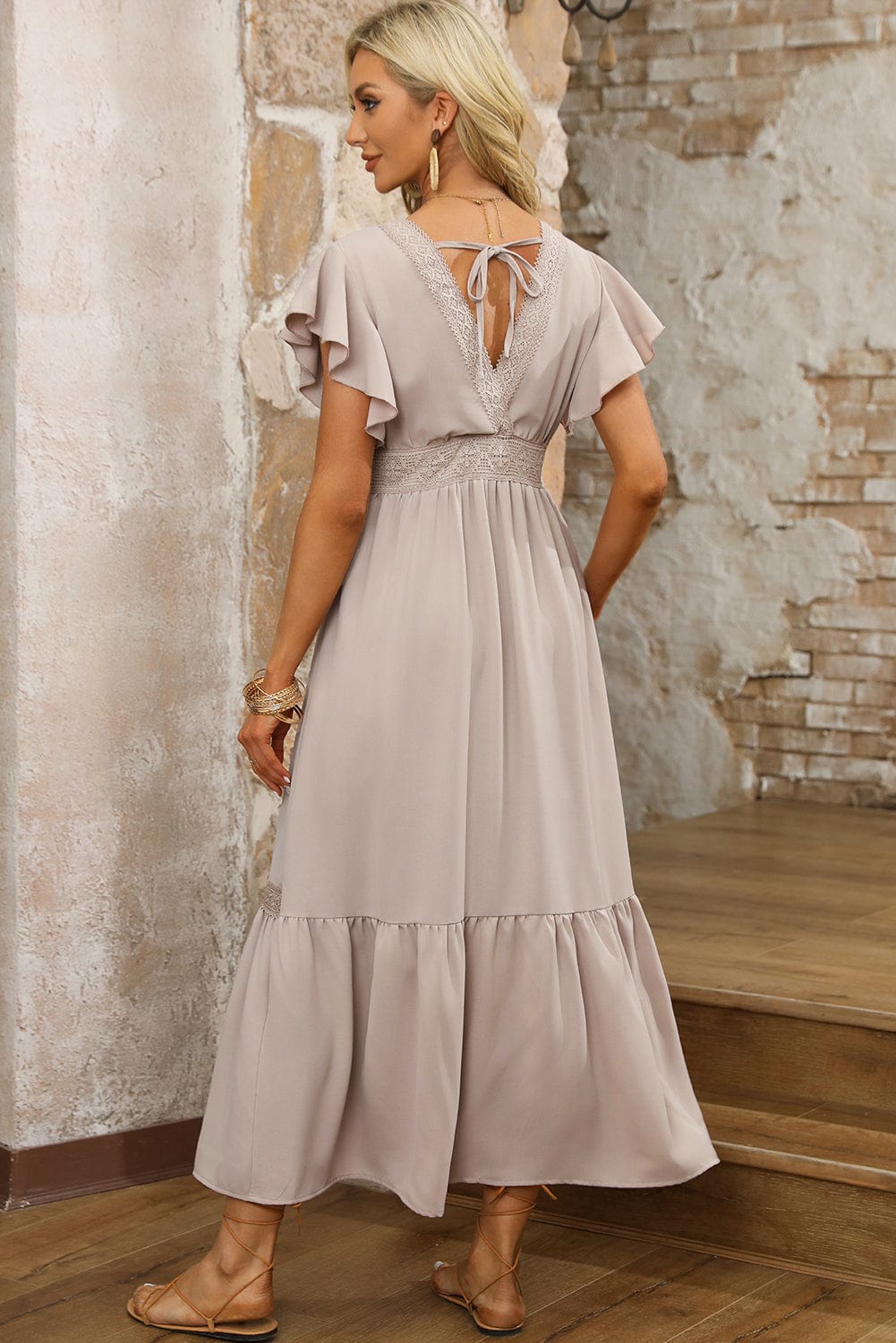 Flying Sleeves V-neck Open Back Solid Long Flowy Dress