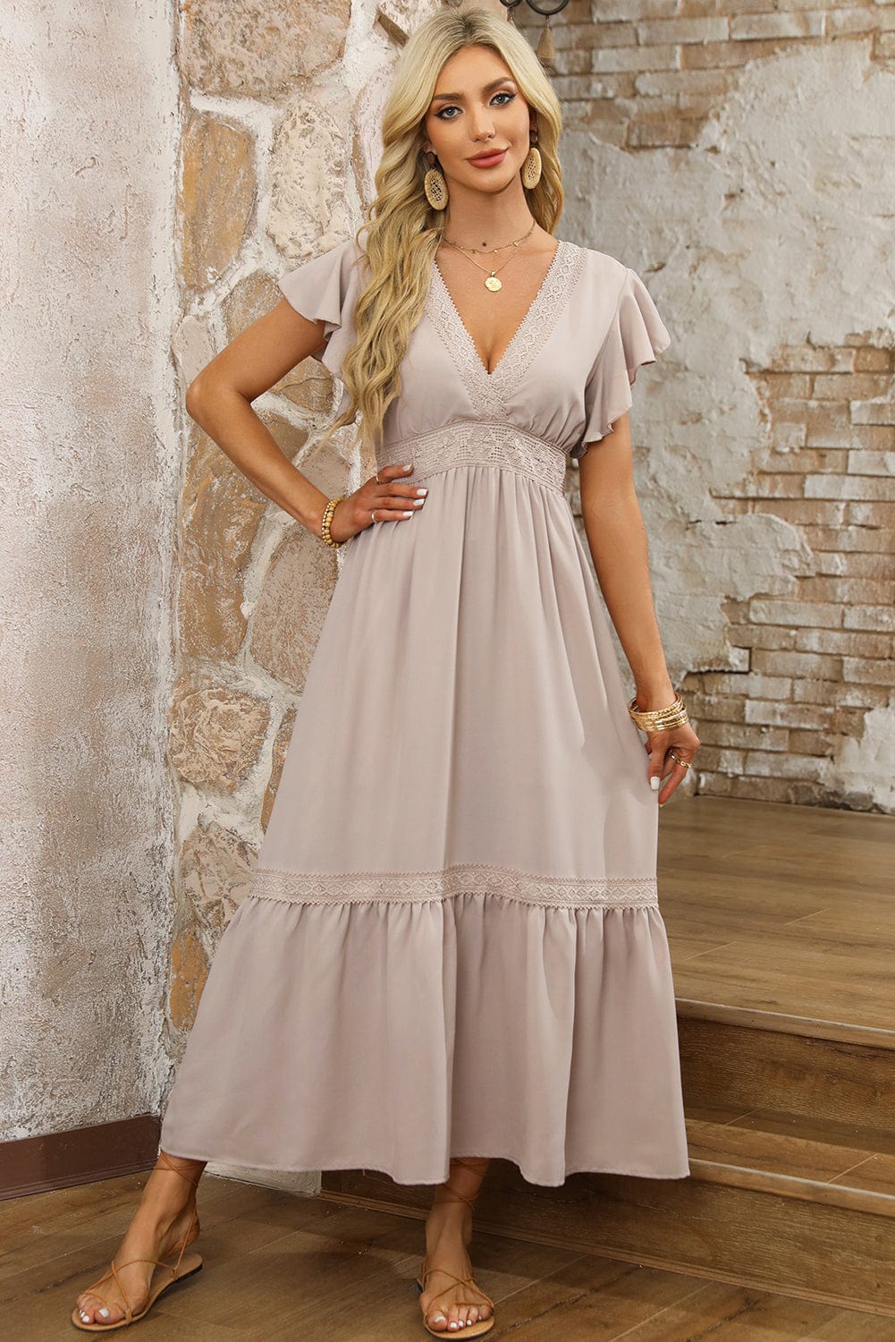 Flying Sleeves V-neck Open Back Solid Long Flowy Dress