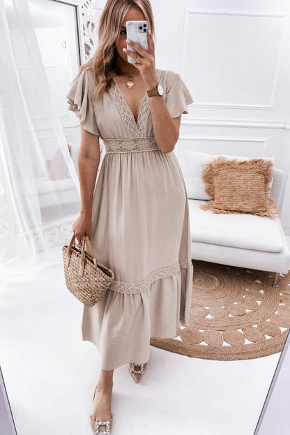 Flying Sleeves V-neck Open Back Solid Long Flowy Dress