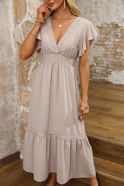 Flying Sleeves V-neck Open Back Solid Long Flowy Dress