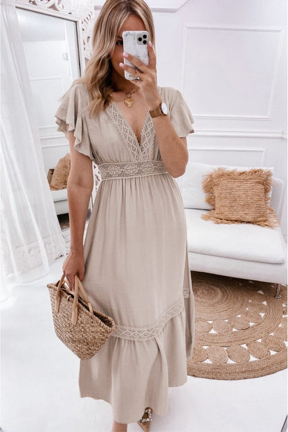 Flying Sleeves V-neck Open Back Solid Long Flowy Dress