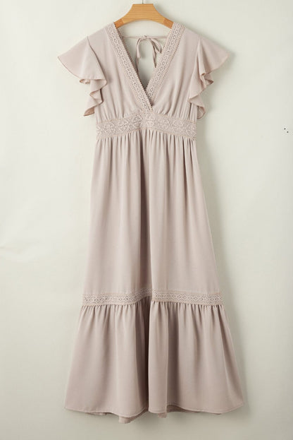 Flying Sleeves V-neck Open Back Solid Long Flowy Dress