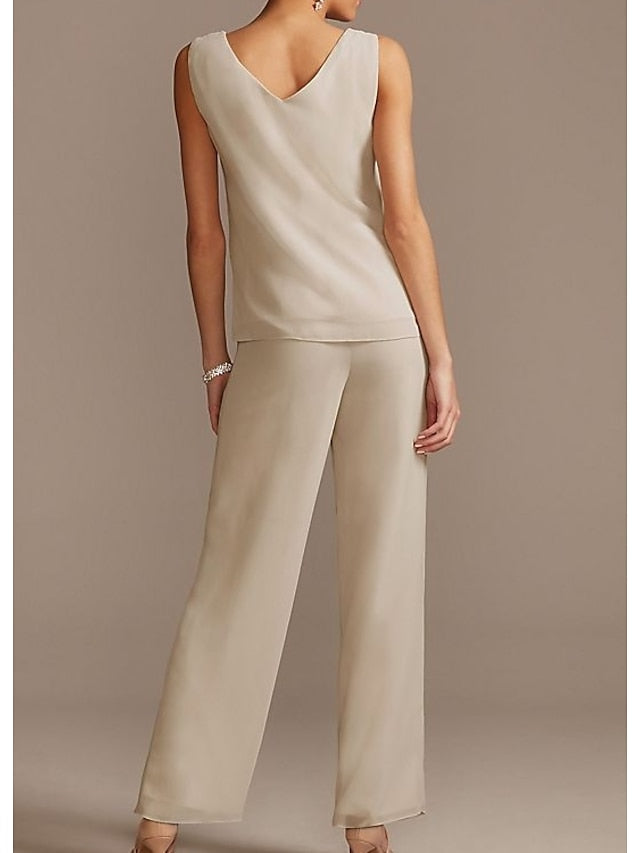 Jumpsuit / Pantsuit Mother of the Bride Dress Formal Elegant Jewel Neck Floor Length Chiffon Lace 3/4 Length Sleeve with Beading Appliques 2023 - LuckyFash™