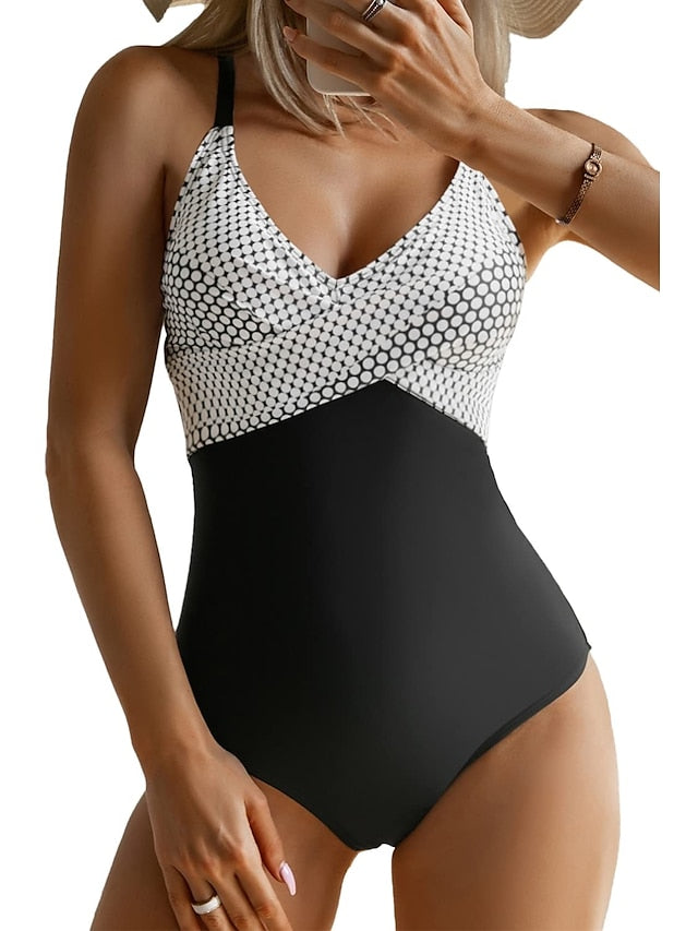 Fashion Polka Dots Swimsuits Women Modest One Piece Swimsuits Padded Push Up Ladies Stripes Backless Swimwear Vintage Bathing Suits Retro Camisole Beach Wear S-XXL - LuckyFash™