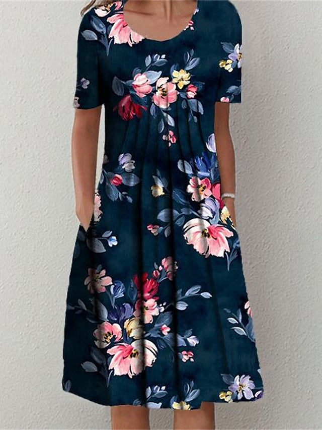 Women's Dress - Casual Dress Summer Dress Print Dress Floral Ruched Pocket Crew Neck Midi Dress Fashion Modern Outdoor Daily Short Sleeve Loose Fit White Red Navy Blue Summer Spring S M L XL XXL