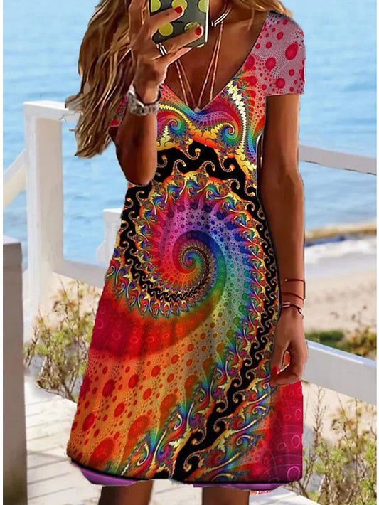 Women's Dress - Casual Dress Summer Dress Print Dress Paisley Print V Neck Mini Dress Tropical Streetwear Outdoor Daily Short Sleeve Regular Fit Yellow Red Blue Summer Spring S M L XL XXL