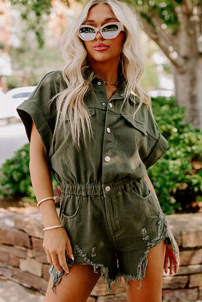 Frayed Moss Green Denim Romper with Raw Hem