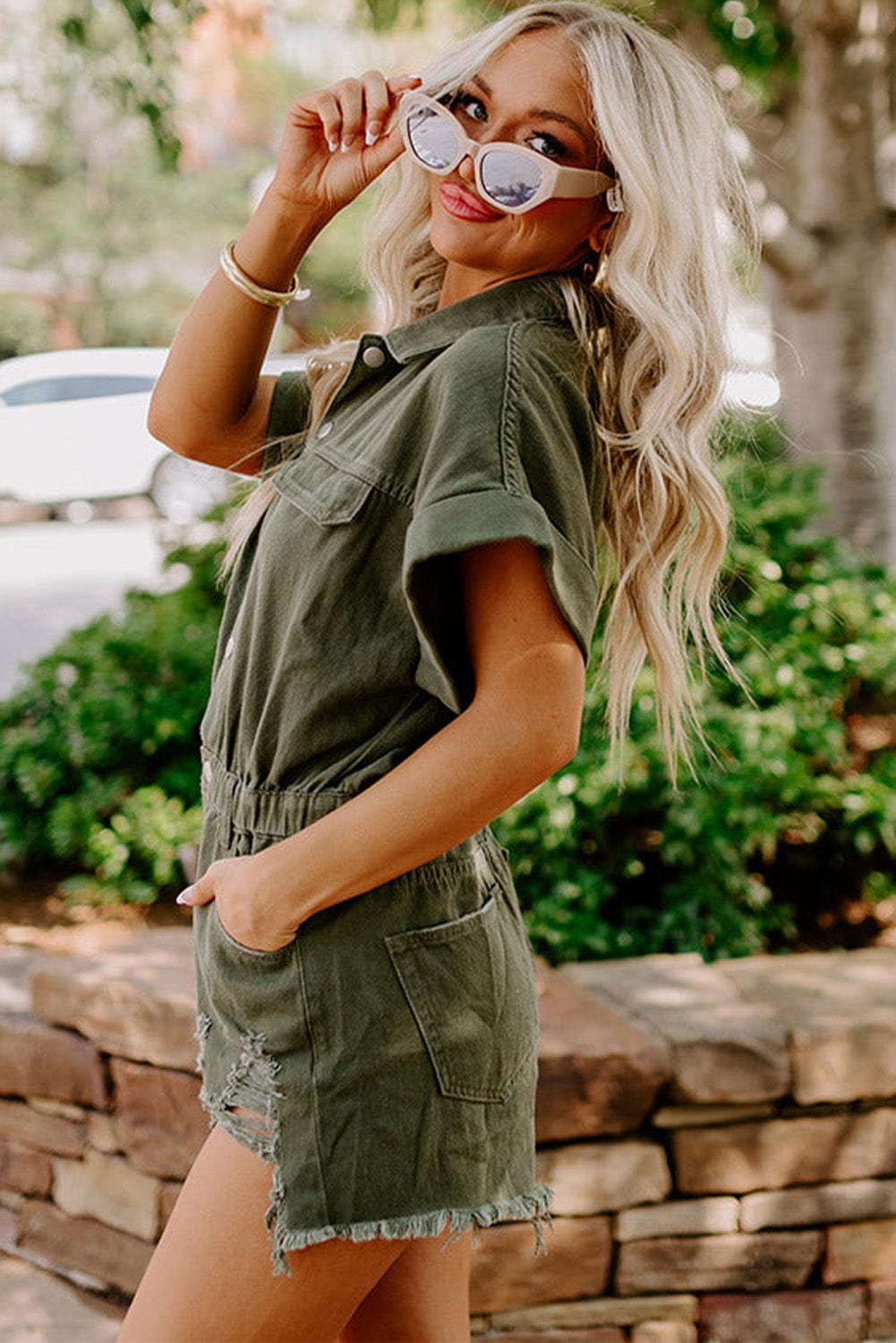 Frayed Moss Green Denim Romper with Raw Hem