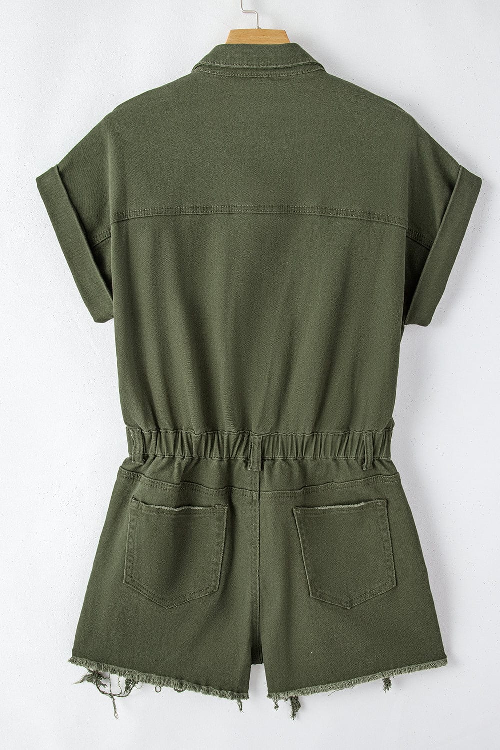 Frayed Moss Green Denim Romper with Raw Hem
