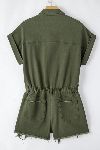 Frayed Moss Green Denim Romper with Raw Hem