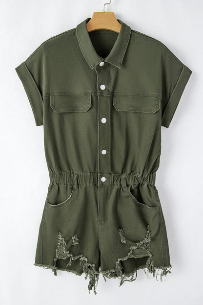 Frayed Moss Green Denim Romper with Raw Hem