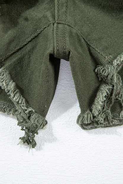 Frayed Moss Green Denim Romper with Raw Hem