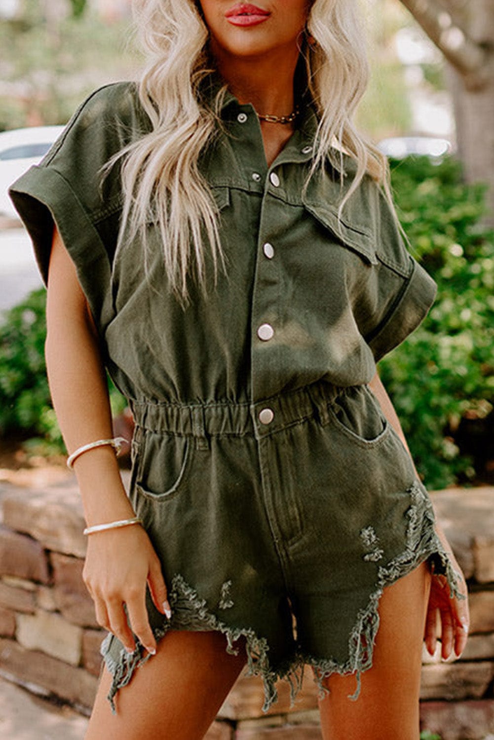 Frayed Moss Green Denim Romper with Raw Hem
