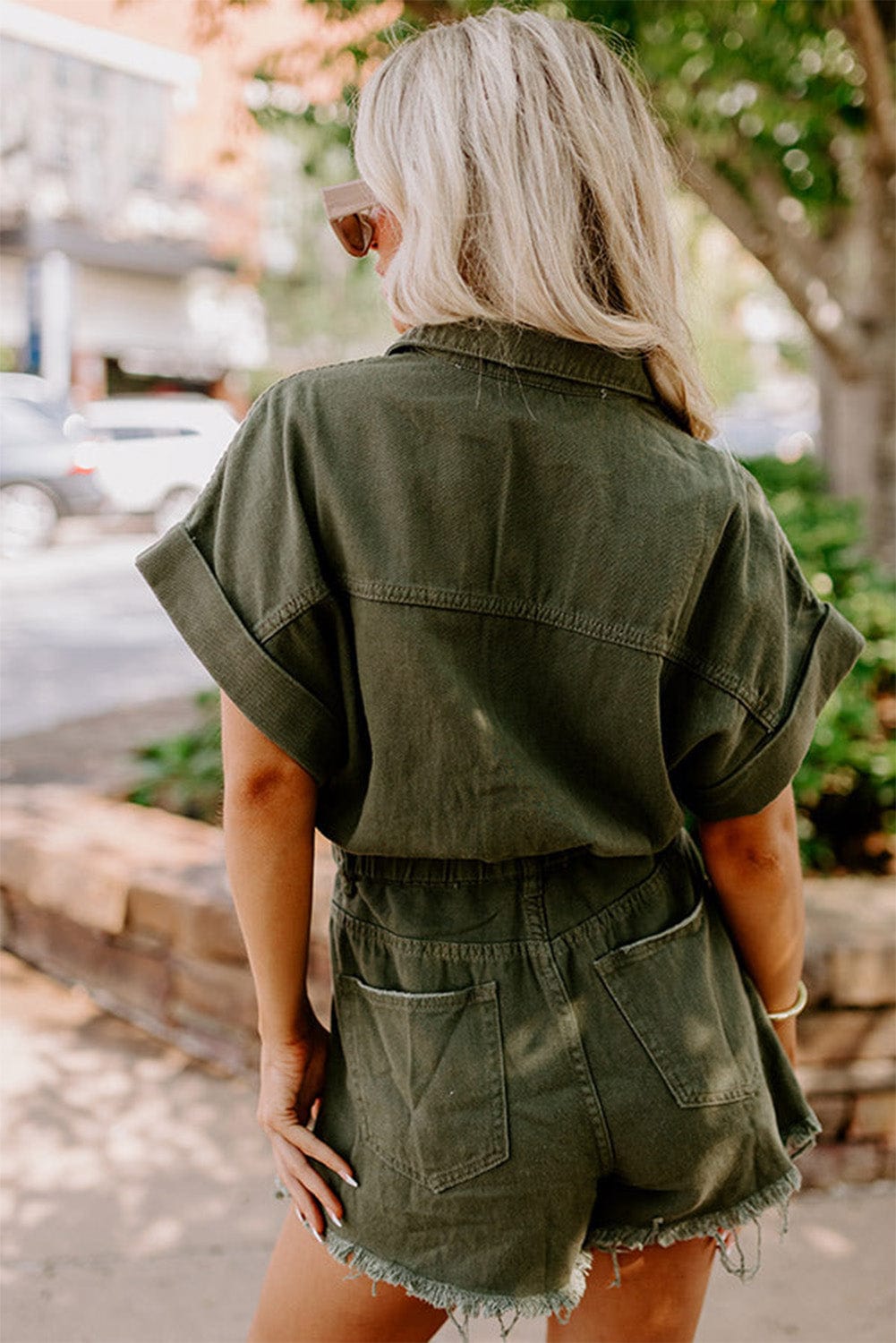 Frayed Moss Green Denim Romper with Raw Hem