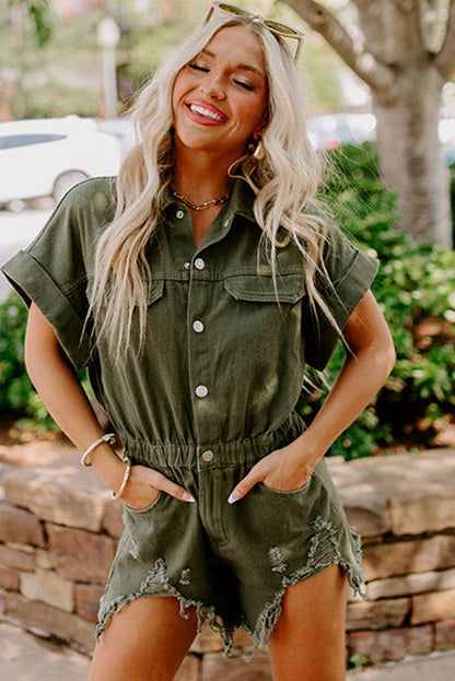 Frayed Moss Green Denim Romper with Raw Hem