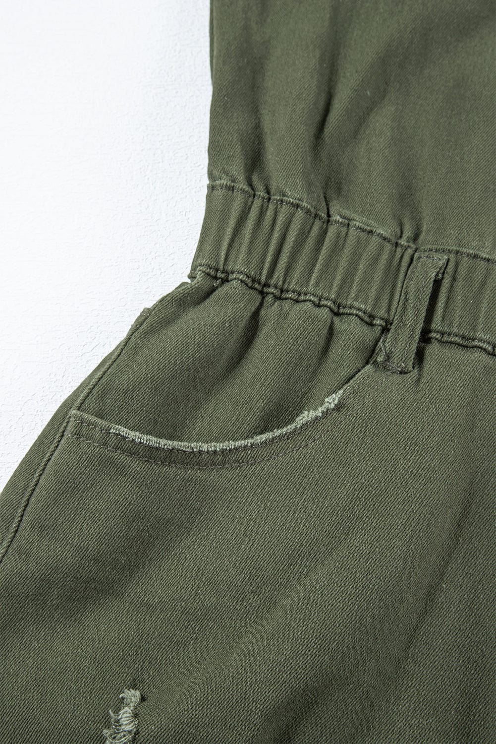 Frayed Moss Green Denim Romper with Raw Hem