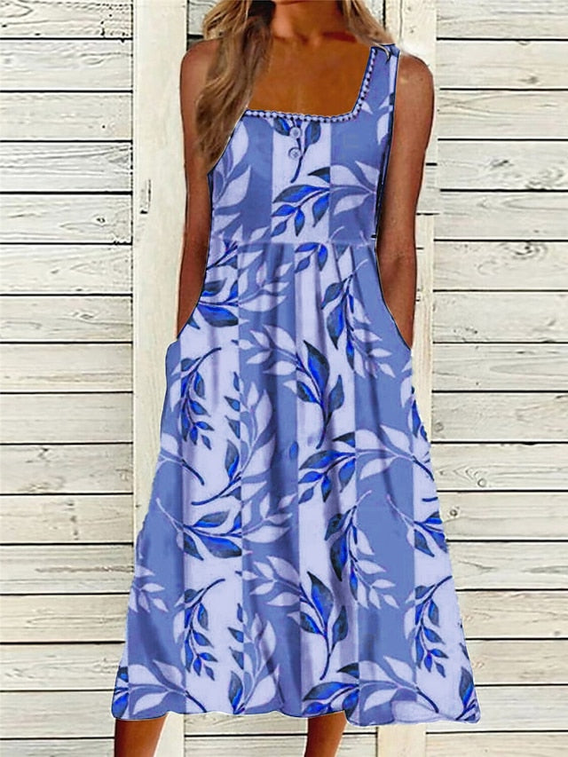 Women's Dress - Casual Dress Shift Dress Tank Dress Floral Ruched Button Square Neck Midi Dress Fashion Streetwear Outdoor Daily Sleeveless Regular Fit Blue Green Summer Spring S M L XL XXL