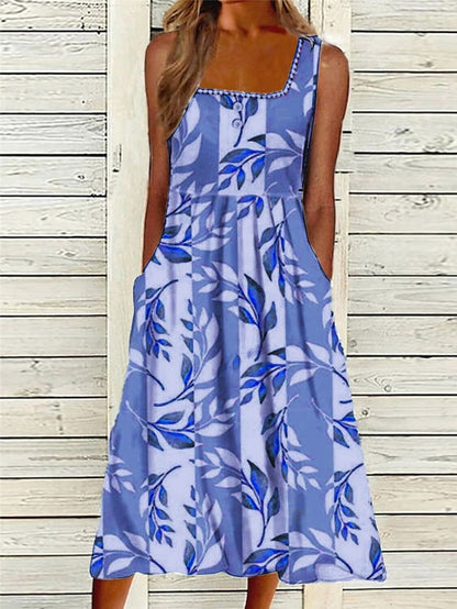 Women's Dress - Casual Dress Shift Dress Tank Dress Floral Ruched Button Square Neck Midi Dress Fashion Streetwear Outdoor Daily Sleeveless Regular Fit Blue Green Summer Spring S M L XL XXL