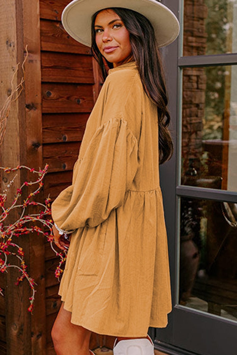 French Beige Bishop Sleeve Shirt Dress with a Romantic Flair