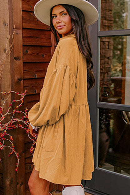 French Beige Bishop Sleeve Shirt Dress with a Romantic Flair