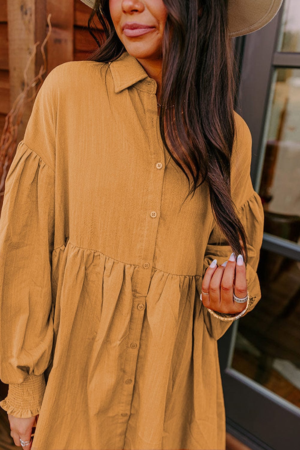 French Beige Bishop Sleeve Shirt Dress with a Romantic Flair