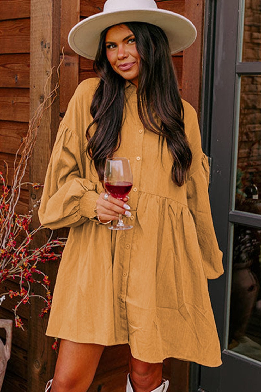 French Beige Bishop Sleeve Shirt Dress with a Romantic Flair