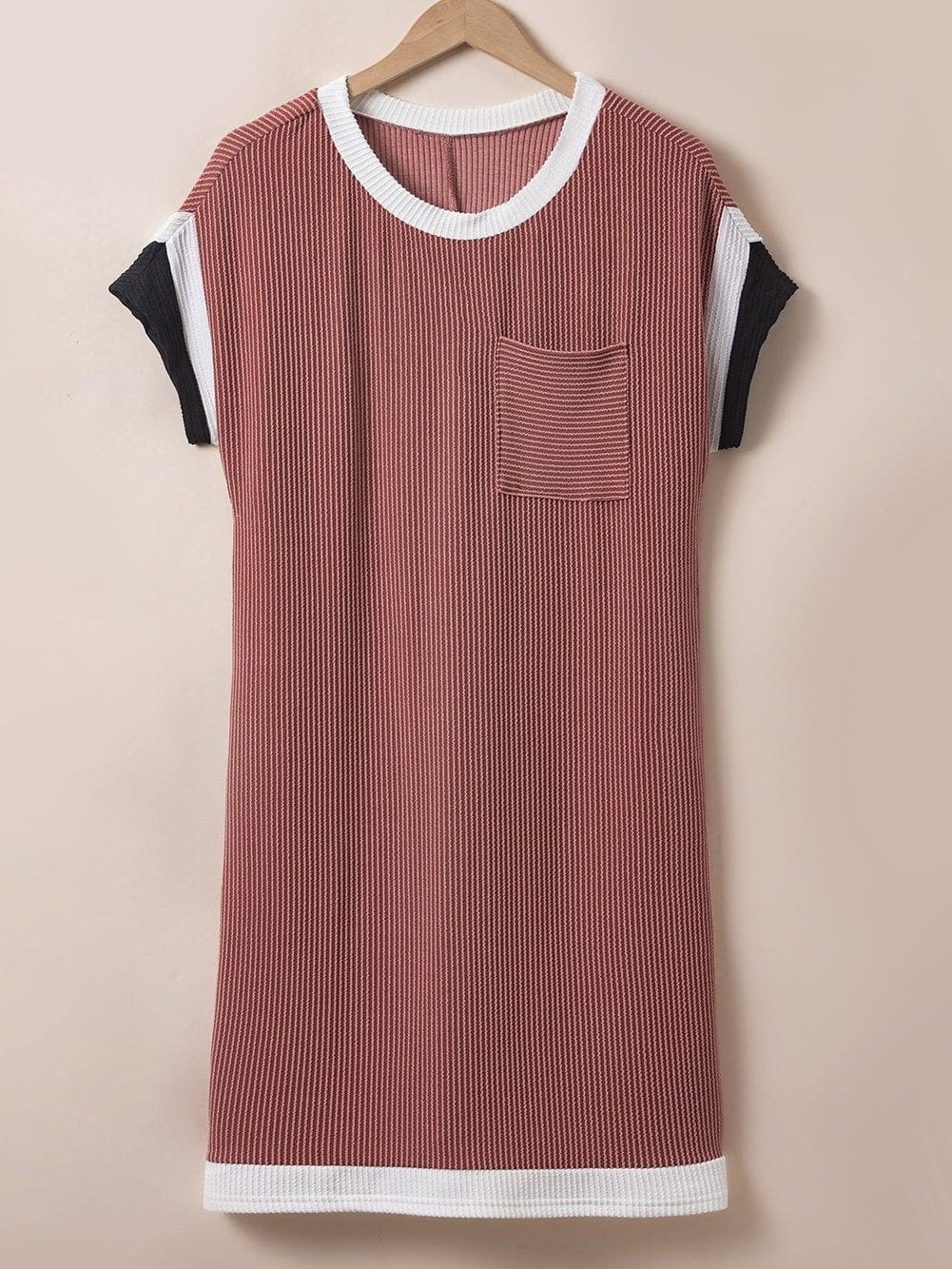 French Beige Colorblock Textured Pocket T-Shirt Dress with Patched Edge