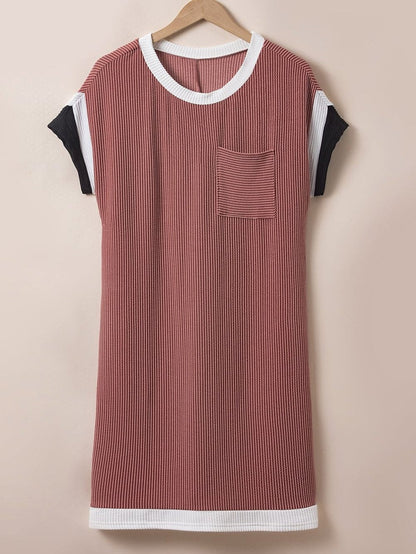 French Beige Colorblock Textured Pocket T-Shirt Dress with Patched Edge