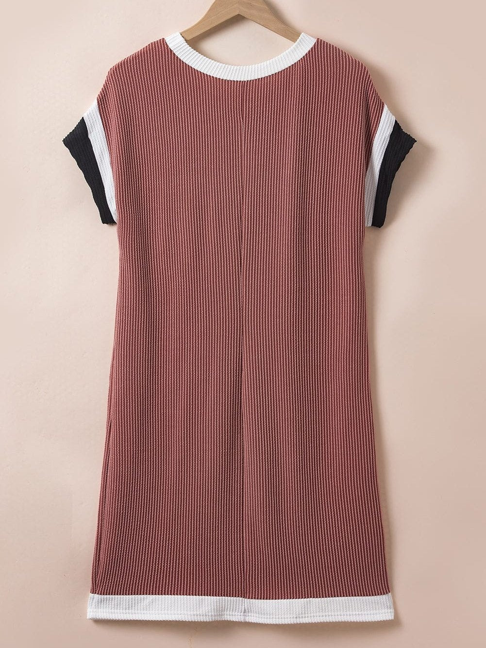 French Beige Colorblock Textured Pocket T-Shirt Dress with Patched Edge