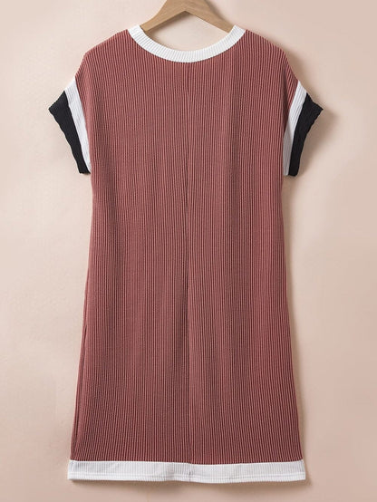 French Beige Colorblock Textured Pocket T-Shirt Dress with Patched Edge