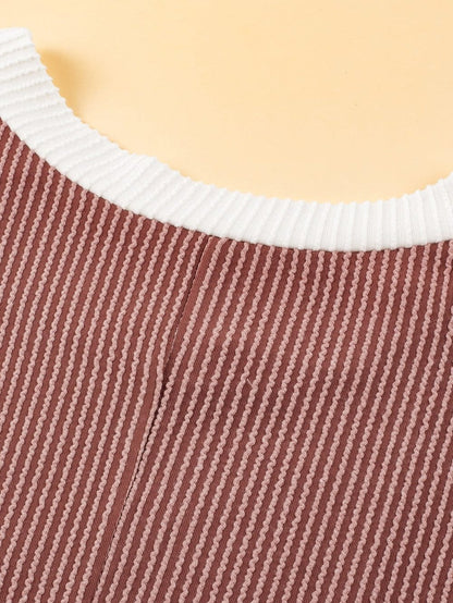 French Beige Colorblock Textured Pocket T-Shirt Dress with Patched Edge