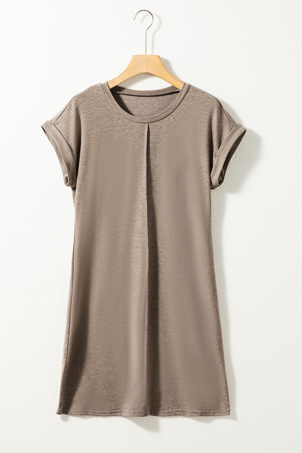 French Beige Crew Neck T-shirt Dress with Rolled Cuffs