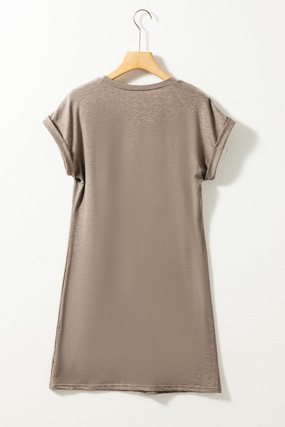 French Beige Crew Neck T-shirt Dress with Rolled Cuffs
