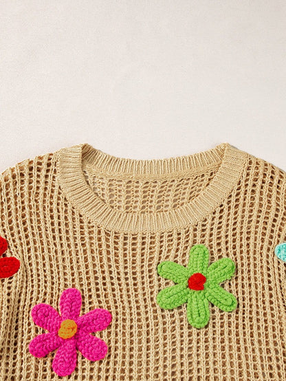 French Beige Floral Crochet Hollow-out Sweater Top