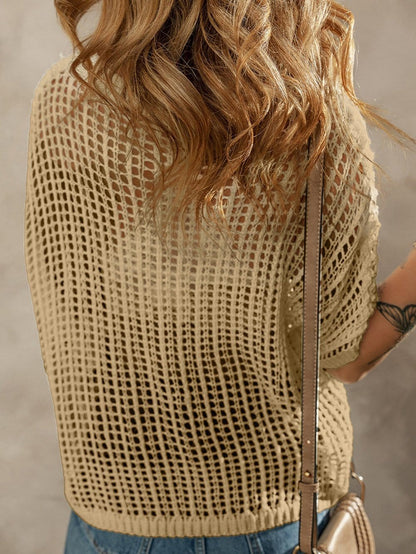 French Beige Floral Crochet Hollow-out Sweater Top