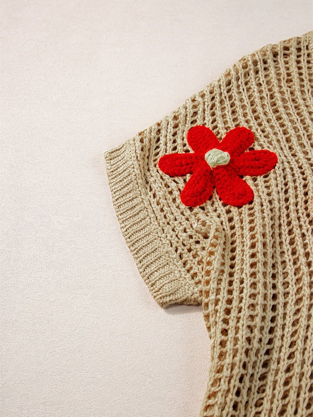 French Beige Floral Crochet Hollow-out Sweater Top
